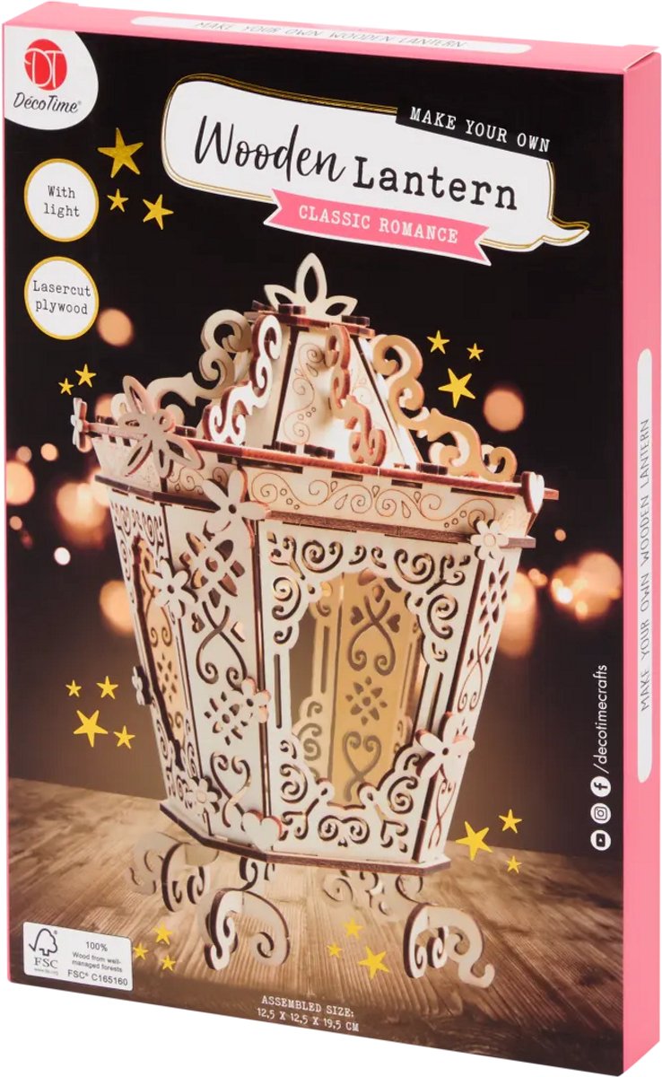Houten Lantaarn 3D-puzzel - Classic Romance - 12.5 x 12.5 x 19.5cm | Houten Lantaarn Puzzel met LED verlichting
